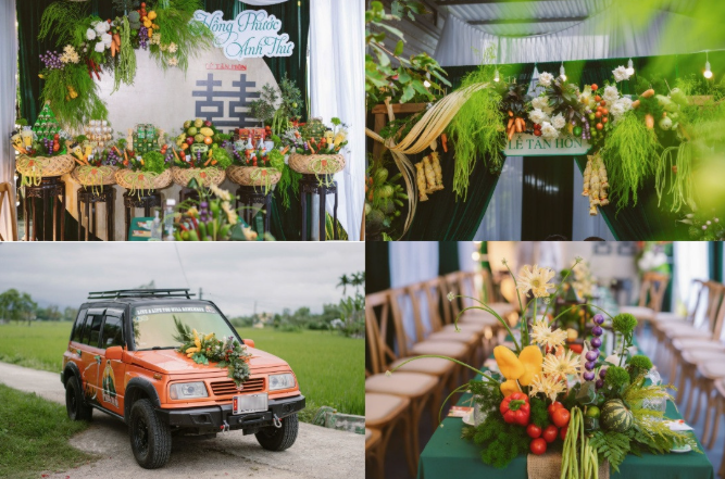 Bàn tiệc cưới truyền thống ở Bình Định với khay bánh hồng đặt trang trọng.