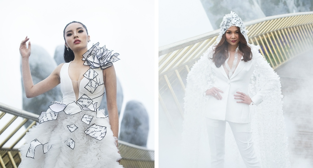 Du khách trẻ chụp ảnh check-in trên cầu với mây trắng bao quanh.