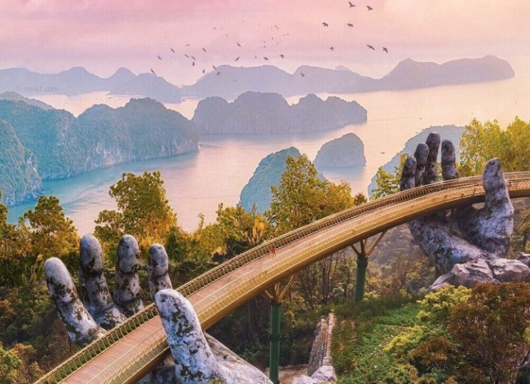 Cầu vàng nổi bật giữa rừng xanh mướt, hòa quyện thiên nhiên.