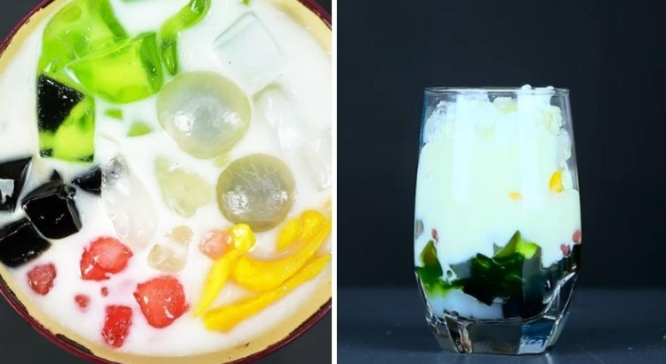 Ly chè thái sầu riêng với mít vàng, thạch nhiều màu sắc.