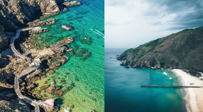 Đường ven biển dẫn vào Eo Gió Kỳ Co quanh co uốn lượn giữa núi và biển.