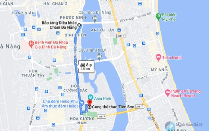 Bản đồ vị trí Helio Đà Nẵng nằm gần sông Hàn, Cung Thể thao Tiên Sơn và Asia Park.