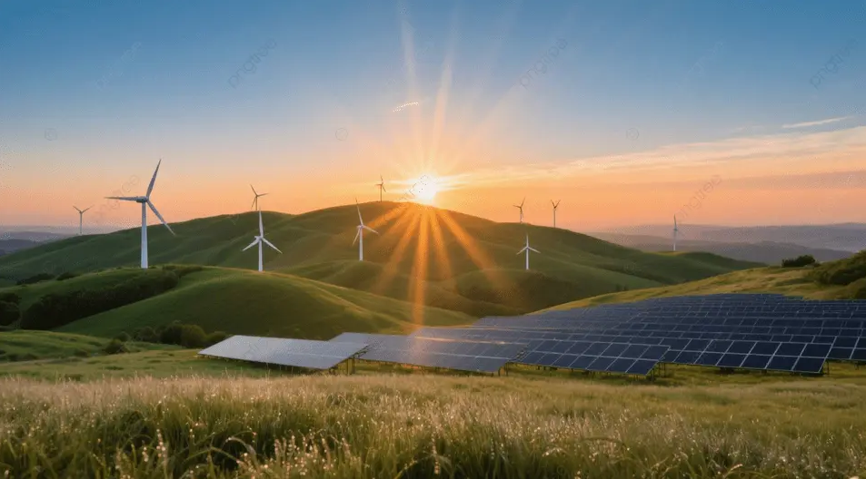 Hình ảnh tuabin gió và tấm pin mặt trời trong cảnh hoàng hôn, biểu tượng năng lượng sạch.