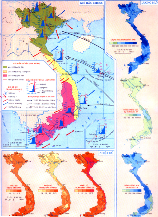 Bản đồ Việt Nam với vùng màu thể hiện sự phân chia khí hậu rõ rệt ở miền Bắc.