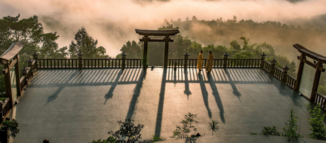 Khu chánh điện và sân gỗ của chùa Linh Quy Pháp Ấn trong làn sương sớm.