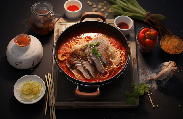 Hình ảnh nồi lẩu nóng bốc khói, hơi nước mờ ảo trong ánh sáng đèn vàng.