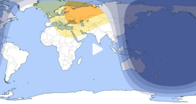 Bản đồ thế giới hiển thị đường đi của bóng Mặt Trăng trong các lần nhật thực sắp tới.