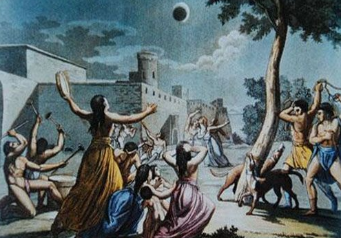 Tranh cổ mô tả người xưa quan sát hiện tượng nhật thực và tỏ lòng kính sợ.