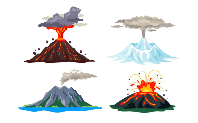 So sánh ba loại núi lửa: đang hoạt động, tạm ngừng và đã tắt.