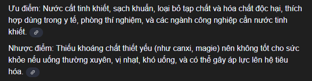Bảng so sánh ưu và nhược điểm của nước cất được trình bày trên nền đen.