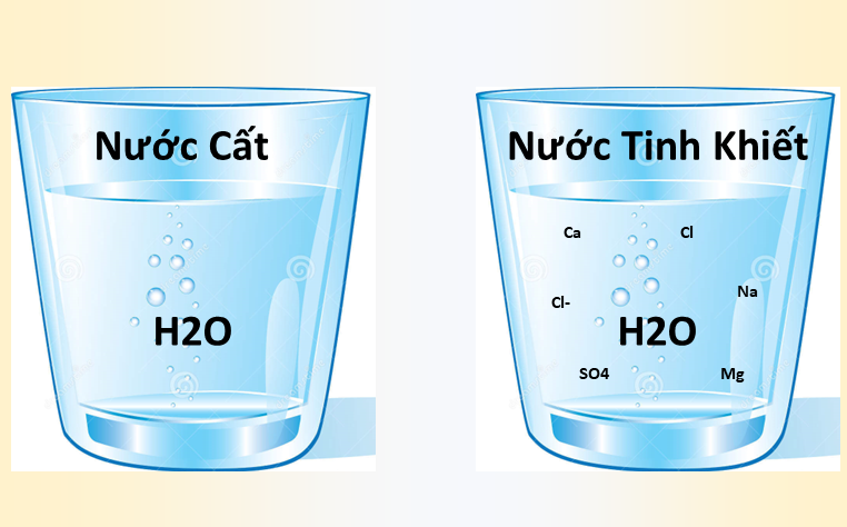 So sánh hai ly nước – một là nước tinh khiết, một là nước cất, đặt cạnh nhau trên bàn.